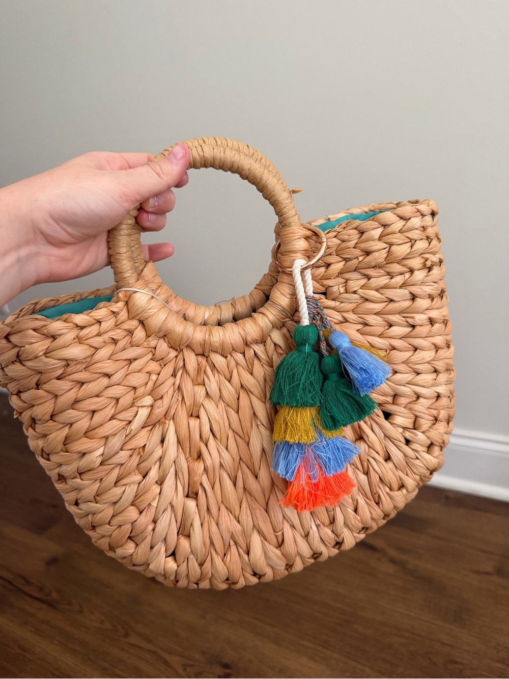 Natural Woven Straw Tote with Multicolor Tassel Accent